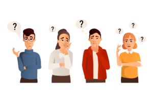Four individuals, two boys and 2 girls are thinking with question mark on their heads